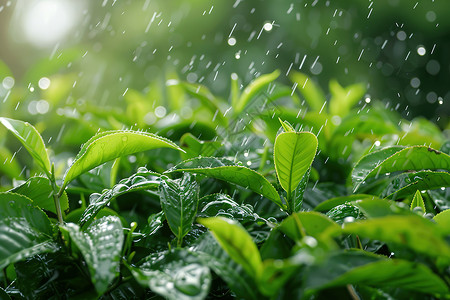 茶树上的雨滴高清图片