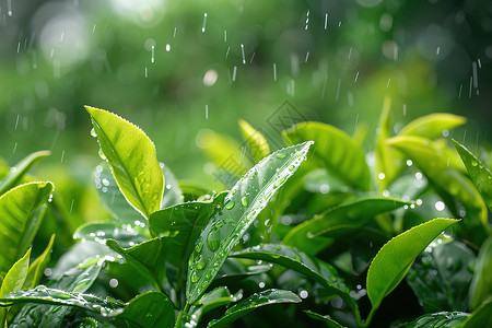 下雨雨滴效果雨中的茶树背景