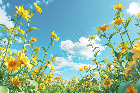 有野花的草地蓝天下绚烂的野花背景