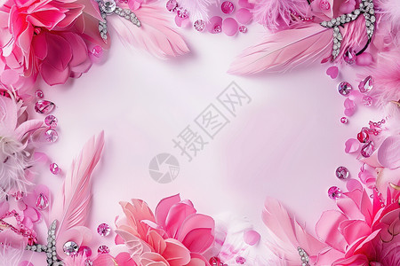 弯弯边框粉色花朵和羽毛插画