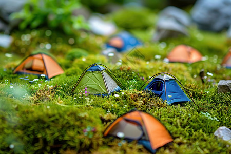 草地上的彩色帐篷设计图片