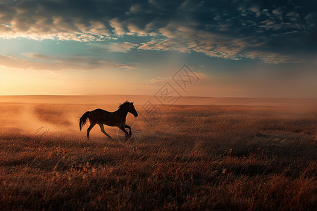 缺陷荒野落日余晖中奔跑的野马背景