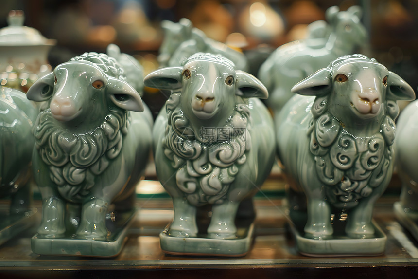 绿色陶器绵羊雕塑图片