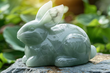陶瓷兔子坐在石头上高清图片