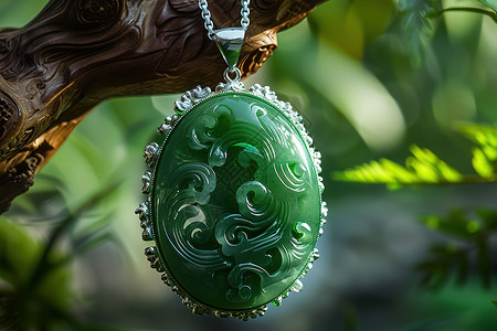 珠宝石头素材绿色吊坠悬挂在树枝上背景