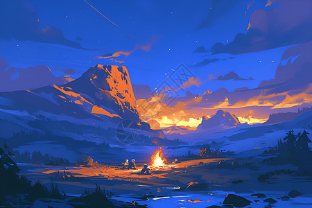 山谷篝火旁的旅行者背景图片
