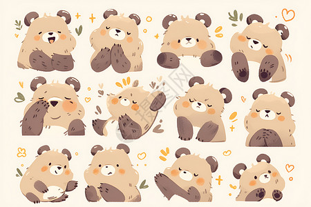 小熊坚持表情包形态各异的卡通小熊插画