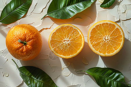 小清新水果插画绿叶间的橙子背景