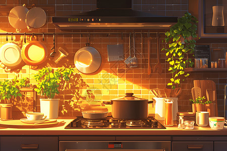 厨房厨具灶台厨房里的厨具插画