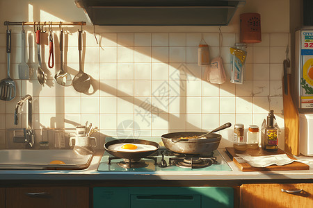 厨房厨具灶台晨光里的厨房插画