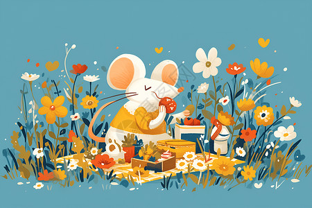 花丛里野餐的小老鼠背景图片
