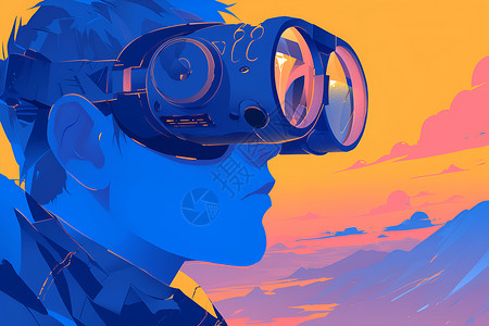体验虚拟现实沉浸在虚拟现实世界的男人插画
