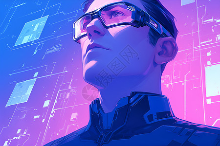 VR虚拟体验戴眼镜的男人看着屏幕插画