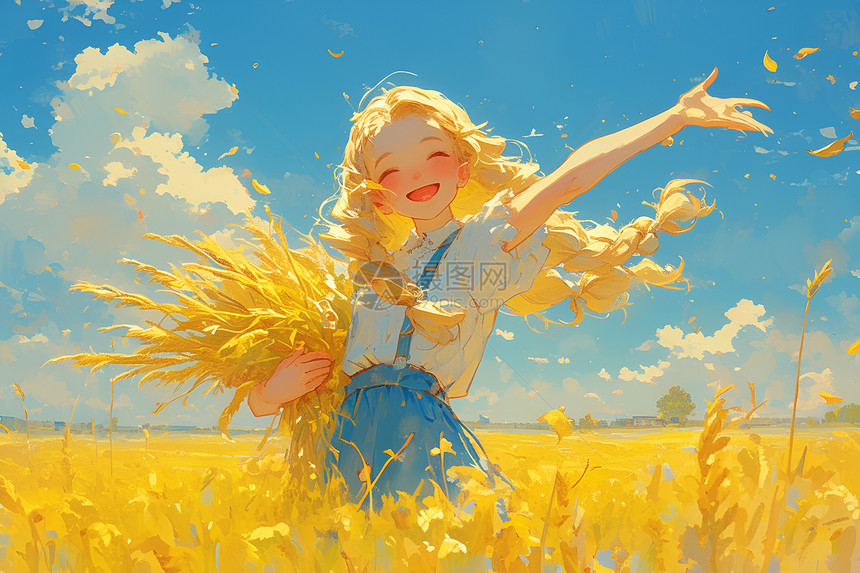 小女孩在金黄的稻田里欢笑图片