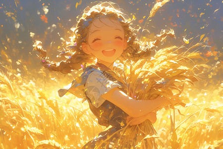 阳光稻田阳光下快乐的少女抱着麦穗插画