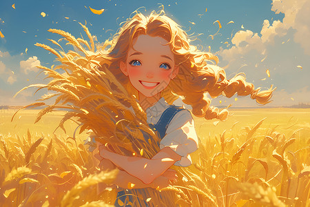 金黄麦田里抱着麦穗的女孩插画