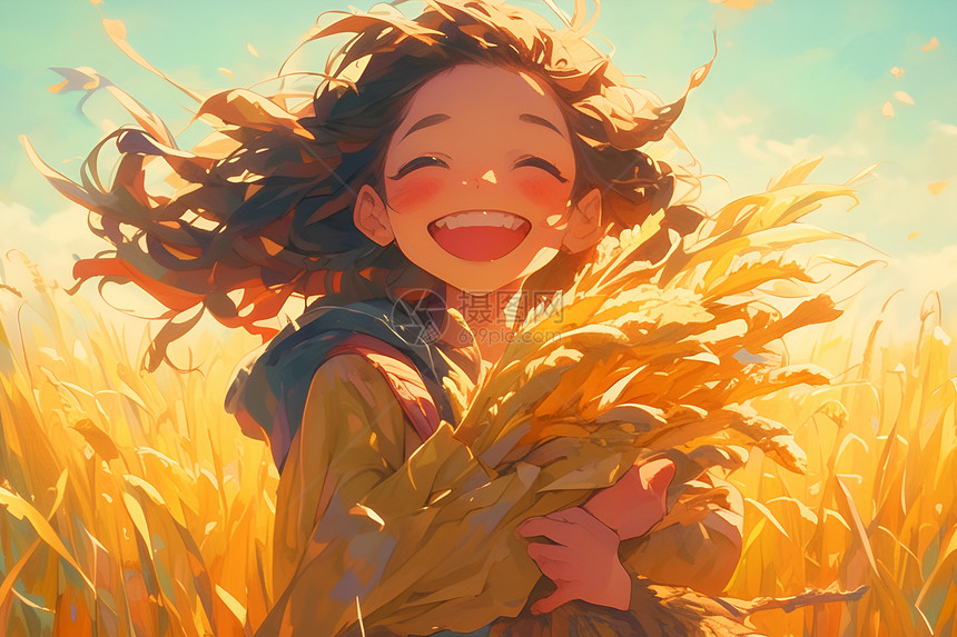 稻田里的快乐女孩图片
