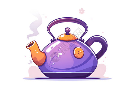 冒着热气的紫色茶壶高清图片