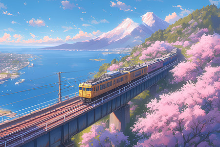 列车插画缤纷桥上的列车插画