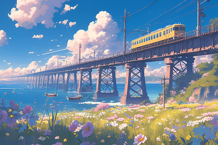 海上桥梁上的列车背景图片