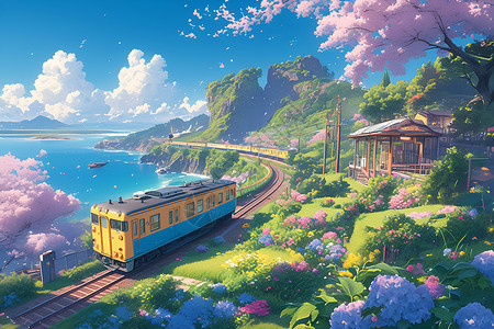 大海岛屿美丽的火车穿行在岛屿中插画