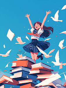 跳跃欢呼女孩在书海中欢呼插画