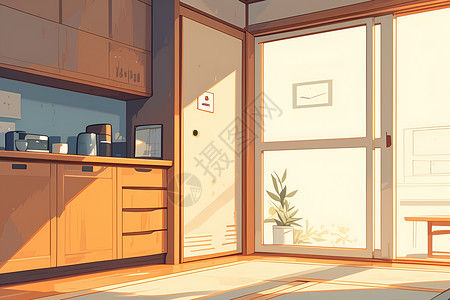 日式公寓厨房里的橱柜插画
