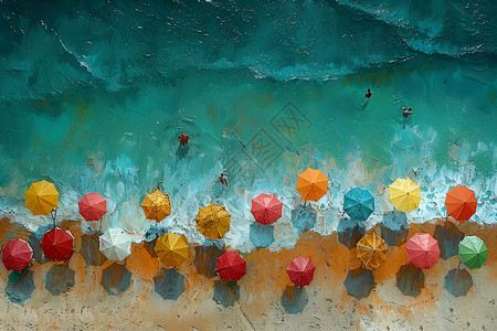 彩色卡通雨伞沙滩上的彩色雨伞插画