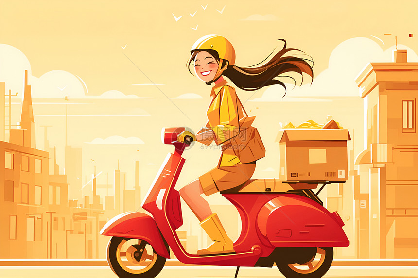 女孩骑着红色电动车穿梭街头图片