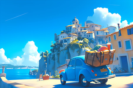 摩洛哥蓝色小镇蓝色汽车驶过海滩和小镇插画