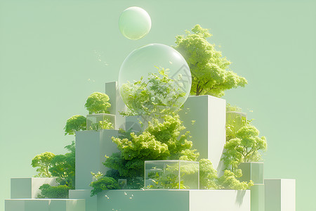 绿色梦幻抽象绿色景观中的白色立方体插画