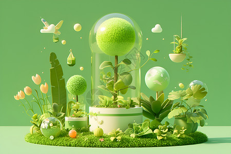 球空间神秘的绿球花园插画