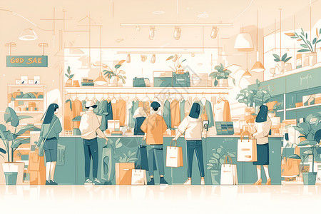 商场平面图购物中心选购商品的人们插画