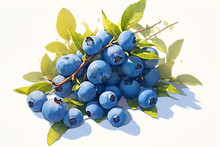 清新白色背景上的手绘蓝莓图片