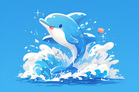 细小浪花海豚跳出大海插画