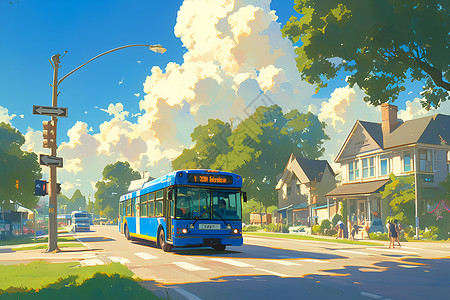 蓝色公路背景宁静郊区环境中蓝色巴士插画