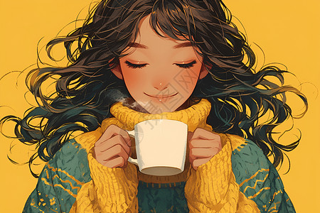 品味咖啡女孩品味温暖咖啡插画