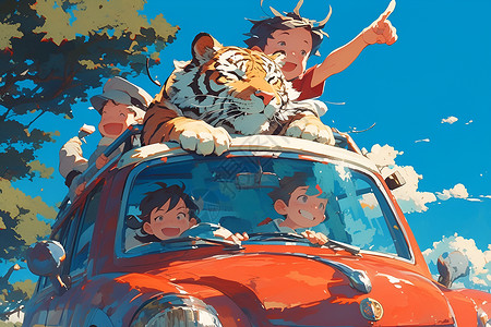 天窗窗口孩子们与老虎在森林中的车顶上插画