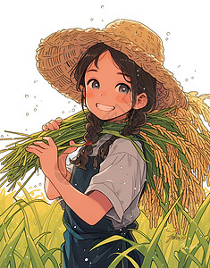 水稻秧苗女孩正在收割稻谷插画