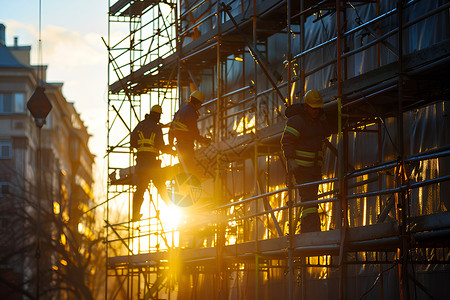 混凝土工人建筑工人在脚手架上施工背景