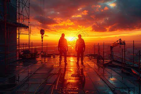 橙色闪耀光芒建筑工地上的两个人背景