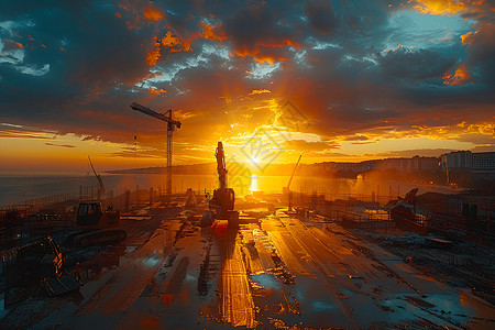 橙色闪耀光芒夕阳映照下的建筑工地背景