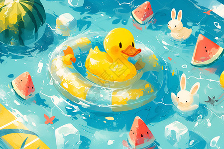 散养鸭黄色橡皮鸭漂浮在水池插画