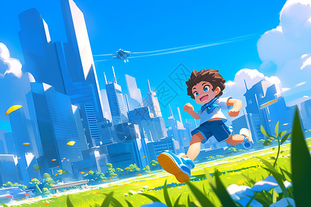 城市草地上奔跑的少年背景图片