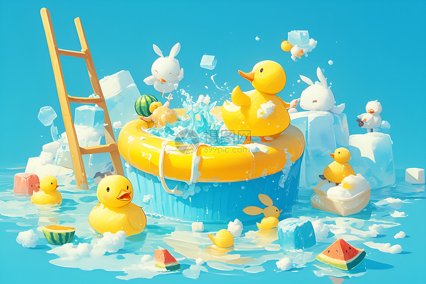 快乐小鸭在泳池嬉戏图片