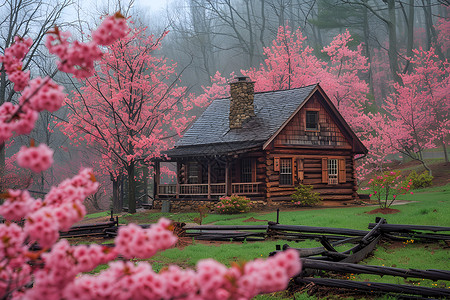 樱花小镇山谷中的木屋藏身在樱花树下背景