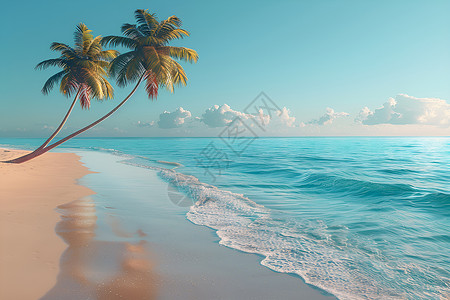 沙滩上篱笆沙滩上的椰树与蓝天背景
