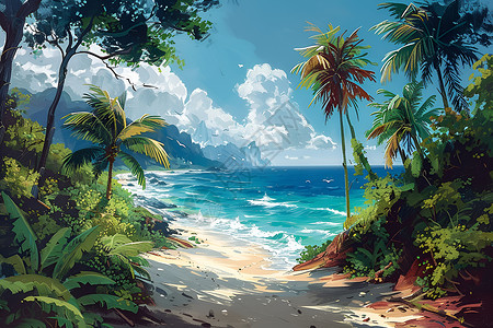 热带海滩椰子树热带海滩插图插画