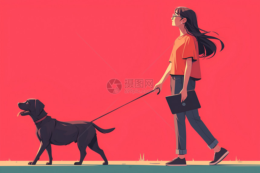 夕阳下散步的女孩和狗图片