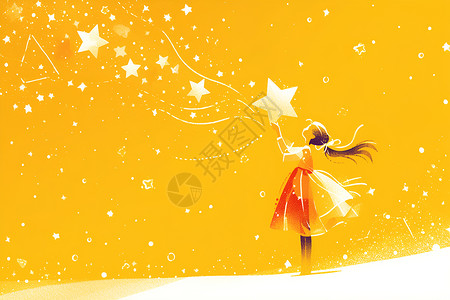 可爱星星女孩举起巨大的星星插画
